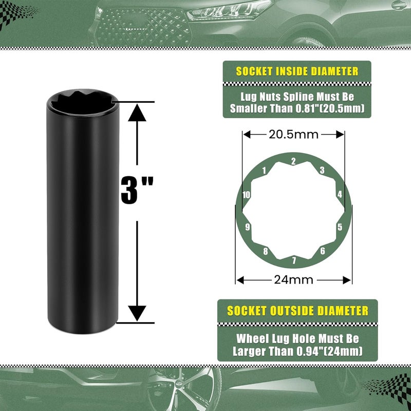 glorider 10 Point Spline Lug Nut Socket, 1/2-Inch Drive Impact Square Tool – Easily Remove M14x1.5, M14x2.0, 9/16 Lug Nuts and M16X1.5 Lug Bolts | 1 Pc (Black) - Image 5